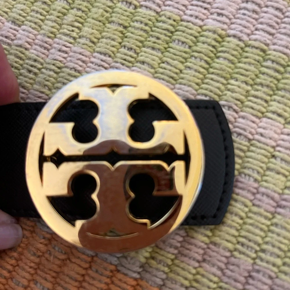Tory Burch Black Leather Belt with Gold Logo Buckle
